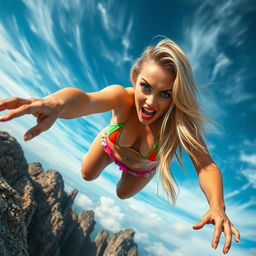 A sexy blonde woman in a vibrant bikini, showcasing stunning blue eyes and bold red lips, is captured mid-fall towards jagged rocks below