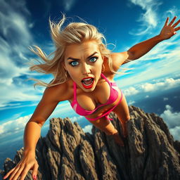 A sexy blonde woman in a vibrant bikini, showcasing stunning blue eyes and bold red lips, is captured mid-fall towards jagged rocks below