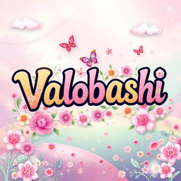 a vibrant and colorful illustration of the word 'Valobashi' in a stylized font, surrounded by blooming flowers and swirling patterns in a dreamy, magical landscape