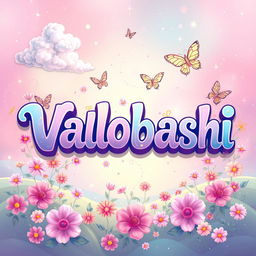 a vibrant and colorful illustration of the word 'Valobashi' in a stylized font, surrounded by blooming flowers and swirling patterns in a dreamy, magical landscape