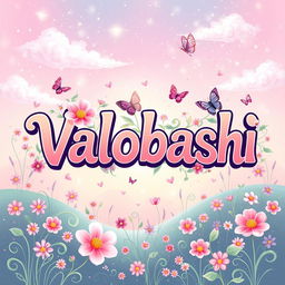 a vibrant and colorful illustration of the word 'Valobashi' in a stylized font, surrounded by blooming flowers and swirling patterns in a dreamy, magical landscape