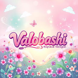 a vibrant and colorful illustration of the word 'Valobashi' in a stylized font, surrounded by blooming flowers and swirling patterns in a dreamy, magical landscape