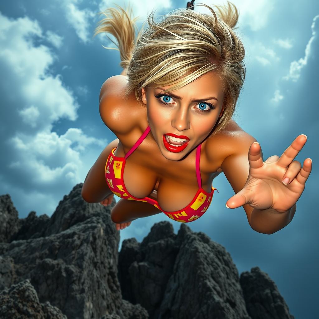 A sexy blonde woman in a vibrant bikini, featuring striking blue eyes and bold red lips, is depicted falling toward jagged rocks