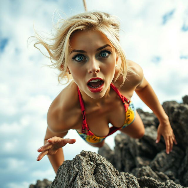 A sexy blonde woman in a vibrant bikini, featuring striking blue eyes and bold red lips, is depicted falling toward jagged rocks