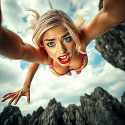 A sexy blonde woman in a vibrant bikini, featuring striking blue eyes and bold red lips, is depicted falling toward jagged rocks