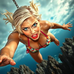 A sexy blonde woman in a vibrant bikini, featuring striking blue eyes and bold red lips, is depicted falling toward jagged rocks