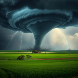 A dramatic scene depicting a massive tornado swirling in the sky above a flat landscape, with dark storm clouds and flashes of lightning illuminating the scene