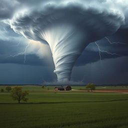 A dramatic scene depicting a massive tornado swirling in the sky above a flat landscape, with dark storm clouds and flashes of lightning illuminating the scene