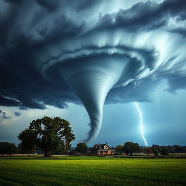 A dramatic scene depicting a massive tornado swirling in the sky above a flat landscape, with dark storm clouds and flashes of lightning illuminating the scene