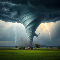 A dramatic scene depicting a massive tornado swirling in the sky above a flat landscape, with dark storm clouds and flashes of lightning illuminating the scene