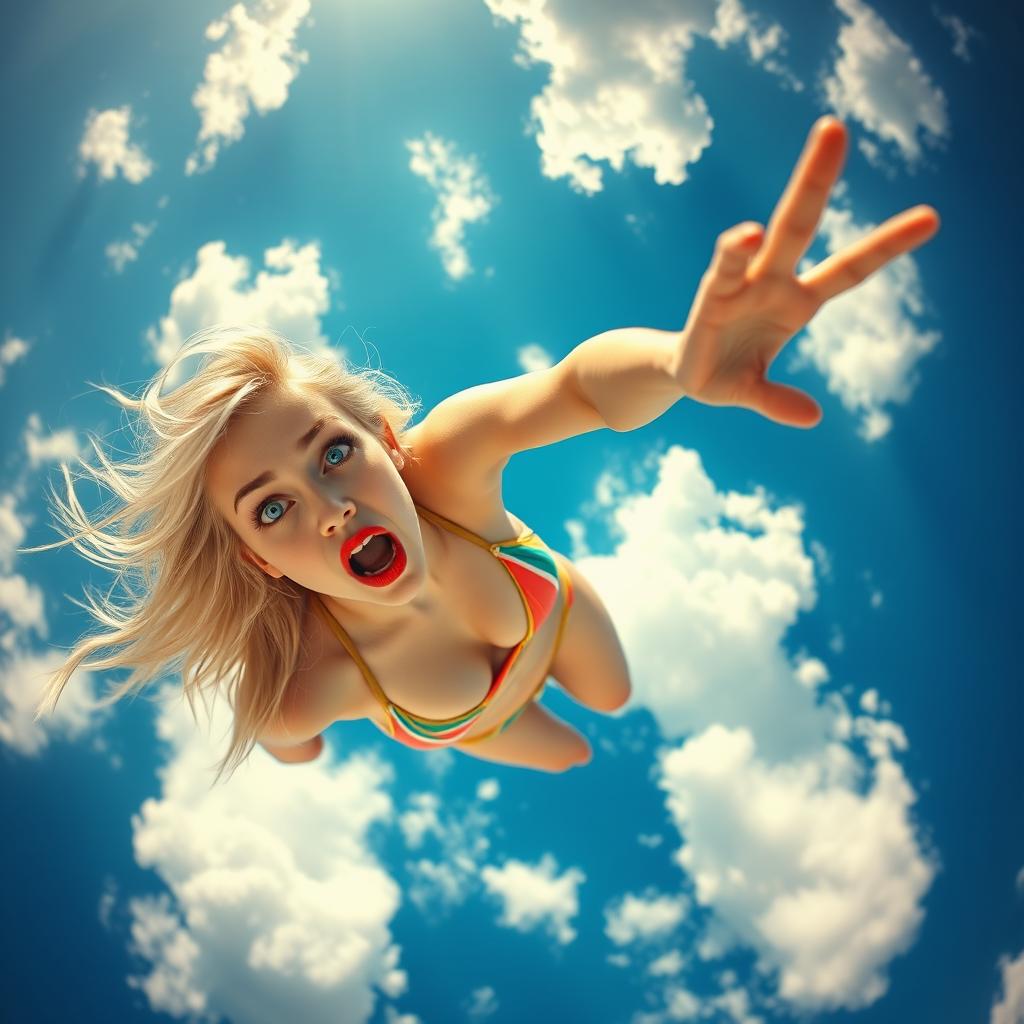 A sexy blonde woman in a vibrant bikini, with striking blue eyes and bold red lips, appearing to fall from the sky