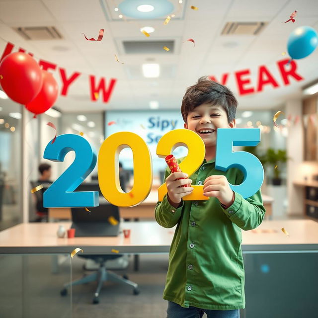 A lively scene depicting a young boy joyfully celebrating the New Year 2025 in a modern office environment belonging to Sidip