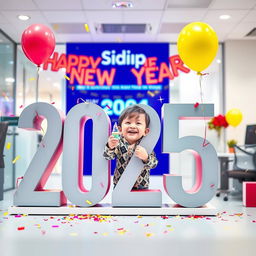 A lively scene depicting a young boy joyfully celebrating the New Year 2025 in a modern office environment belonging to Sidip