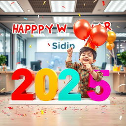 A lively scene depicting a young boy joyfully celebrating the New Year 2025 in a modern office environment belonging to Sidip