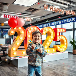 A lively scene depicting a young boy joyfully celebrating the New Year 2025 in a modern office environment belonging to Sidip