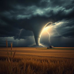 A breathtaking scene illustrating a powerful tornado forming over a vast, open prairie, with dark, ominous storm clouds swirling above