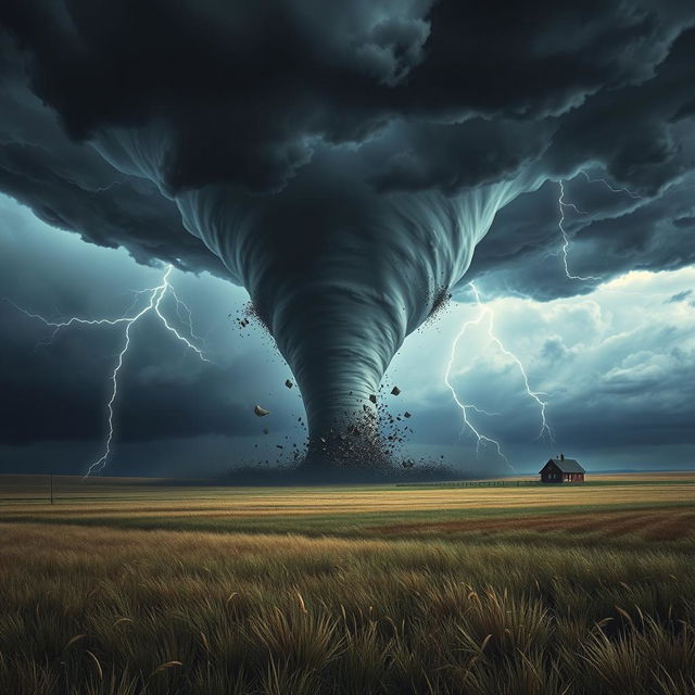 A breathtaking scene illustrating a powerful tornado forming over a vast, open prairie, with dark, ominous storm clouds swirling above