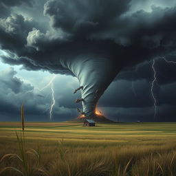 A breathtaking scene illustrating a powerful tornado forming over a vast, open prairie, with dark, ominous storm clouds swirling above