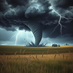 A breathtaking scene illustrating a powerful tornado forming over a vast, open prairie, with dark, ominous storm clouds swirling above