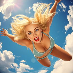 A sexy blonde woman in a bikini, featuring striking blue eyes and bold red lips, is dramatically falling from the sky