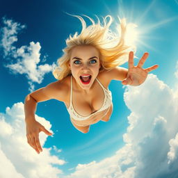 A sexy blonde woman in a bikini, featuring striking blue eyes and bold red lips, is dramatically falling from the sky