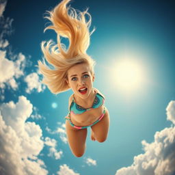 A sexy blonde woman with stunning blue eyes and striking red lips, wearing a colorful bikini, is dramatically falling from a bright blue sky filled with fluffy white clouds