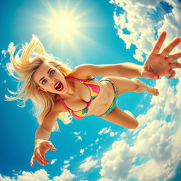 A sexy blonde woman with stunning blue eyes and striking red lips, wearing a colorful bikini, is dramatically falling from a bright blue sky filled with fluffy white clouds