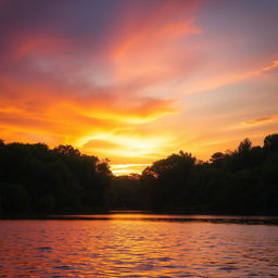 A stunning landscape featuring a golden sunset over a tranquil lake, with vibrant colors reflecting beautifully on the water's surface