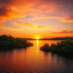 A stunning landscape featuring a golden sunset over a tranquil lake, with vibrant colors reflecting beautifully on the water's surface