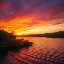 A stunning landscape featuring a golden sunset over a tranquil lake, with vibrant colors reflecting beautifully on the water's surface