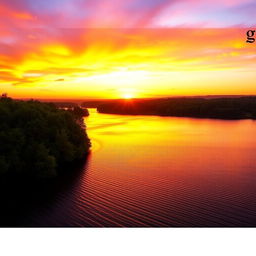 A stunning landscape featuring a golden sunset over a tranquil lake, with vibrant colors reflecting beautifully on the water's surface