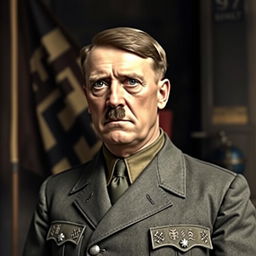 A historical representation of Adolf Hitler, dressed in his iconic military uniform from World War II, featuring the characteristic hairstyle and facial features, standing in front of a vintage German flag