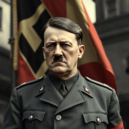 A historical representation of Adolf Hitler, dressed in his iconic military uniform from World War II, featuring the characteristic hairstyle and facial features, standing in front of a vintage German flag