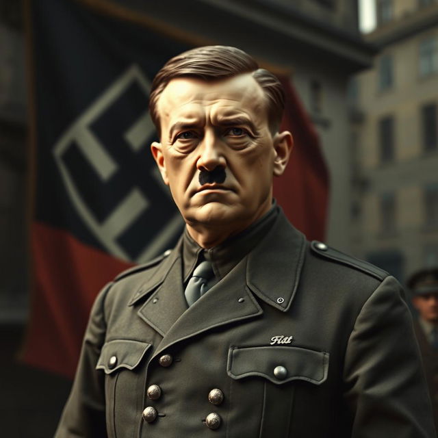 A historical representation of Adolf Hitler, dressed in his iconic military uniform from World War II, featuring the characteristic hairstyle and facial features, standing in front of a vintage German flag