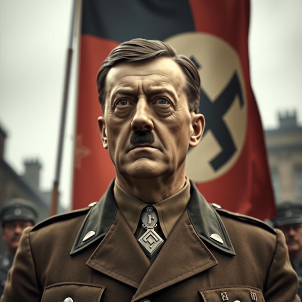 A historical representation of Adolf Hitler, dressed in his iconic military uniform from World War II, featuring the characteristic hairstyle and facial features, standing in front of a vintage German flag