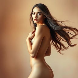 A stunning artistic nude portrait of a woman with long flowing hair, standing gracefully against a soft, blurred background of warm pastel colors