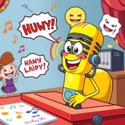 A whimsical scene featuring a bright yellow cartoon microphone with a cheerful face, sitting at a colorful desk adorned with music notes and laughter bubbles