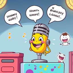 A whimsical scene featuring a bright yellow cartoon microphone with a cheerful face, sitting at a colorful desk adorned with music notes and laughter bubbles