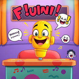 A whimsical scene featuring a bright yellow cartoon microphone with a cheerful face, sitting at a colorful desk adorned with music notes and laughter bubbles