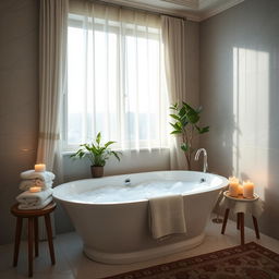 A cozy and luxurious bathroom featuring a large freestanding bathtub filled with bubbles, soft candlelight illuminating the space