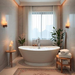 A cozy and luxurious bathroom featuring a large freestanding bathtub filled with bubbles, soft candlelight illuminating the space