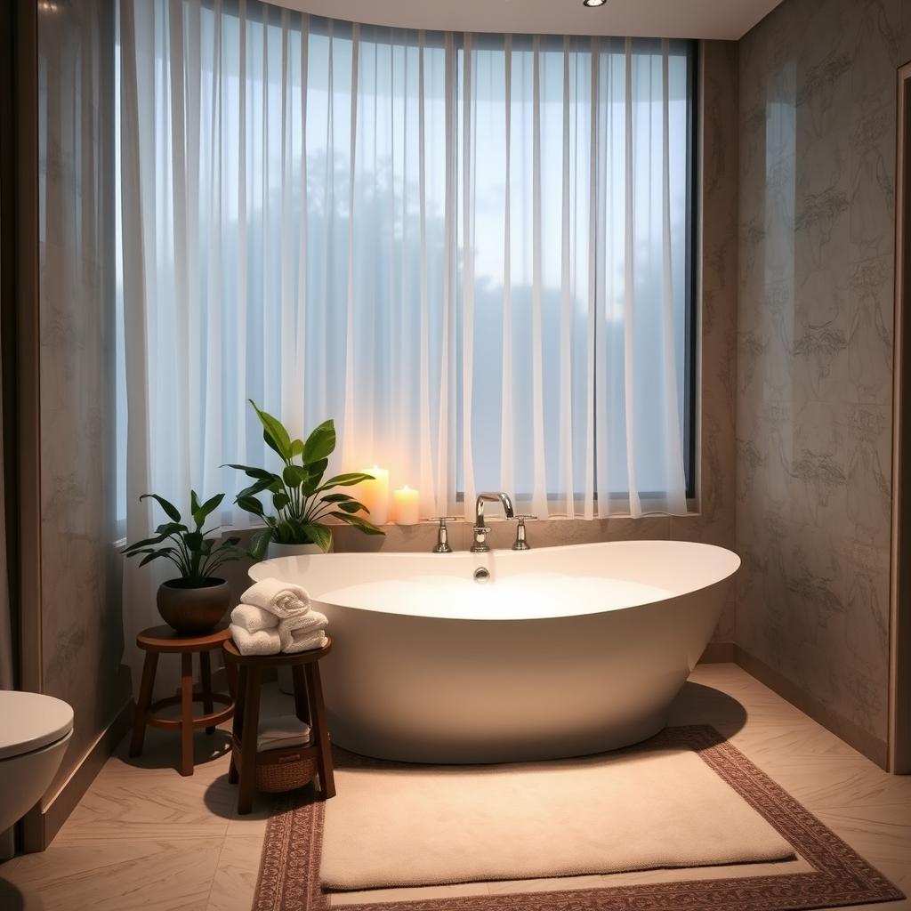A cozy and luxurious bathroom featuring a large freestanding bathtub filled with bubbles, soft candlelight illuminating the space