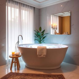 A cozy and luxurious bathroom featuring a large freestanding bathtub filled with bubbles, soft candlelight illuminating the space