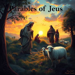 A beautiful, artistic representation of parables of Jesus, depicting various scenes from the parables such as the Good Samaritan helping a traveler, the Prodigal Son returning home, and the Lost Sheep being found