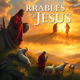 A beautiful, artistic representation of parables of Jesus, depicting various scenes from the parables such as the Good Samaritan helping a traveler, the Prodigal Son returning home, and the Lost Sheep being found