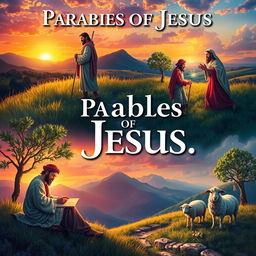 A beautiful, artistic representation of parables of Jesus, depicting various scenes from the parables such as the Good Samaritan helping a traveler, the Prodigal Son returning home, and the Lost Sheep being found