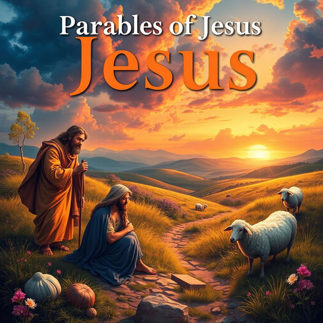 A beautiful, artistic representation of parables of Jesus, depicting various scenes from the parables such as the Good Samaritan helping a traveler, the Prodigal Son returning home, and the Lost Sheep being found