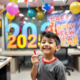 A joyful scene depicting a young boy celebrating in Sidip's office