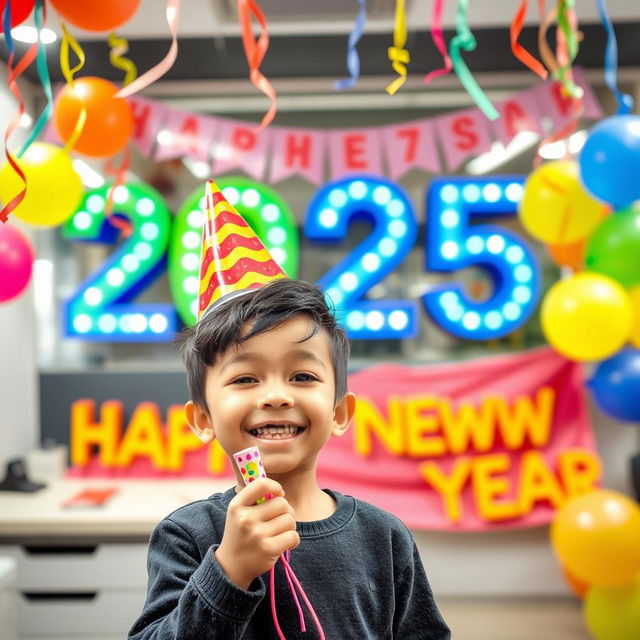 A joyful scene depicting a young boy celebrating in Sidip's office