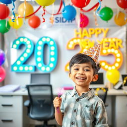 A joyful scene depicting a young boy celebrating in Sidip's office
